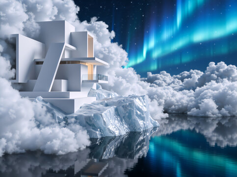 Futuristic white modern building on an iceberg surrounded by clouds under aurora borealis. Surreal arctic architecture with northern lights