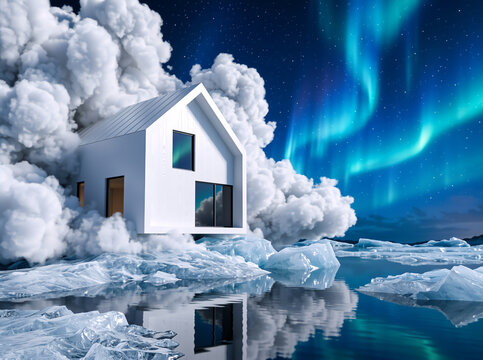 Surreal modern white house on icebergs surrounded by clouds. Dreamlike arctic night landscape with aurora borealis and water reflection. Fantasy winter architecture concept