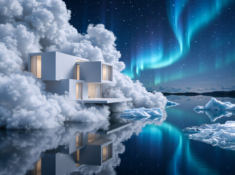 Surreal modern cubic house floating in clouds over icy water. Dreamlike night landscape with glowing windows, aurora borealis, and starry sky. Fantasy architecture concept