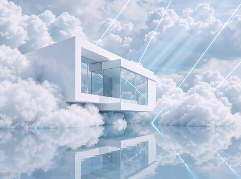 Minimalist white house floating on clouds above still water. Surreal futuristic architecture with glowing light lines. Dreamlike real estate concept
