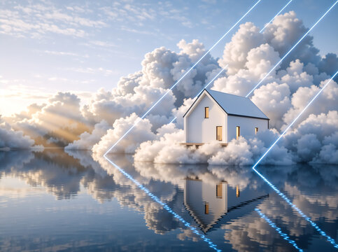 White house floating on clouds with glowing blue neon lines. Surreal dream home illuminated at sunset reflected in water. Futuristic architecture concept