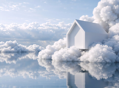 Minimalist white house shape floating on clouds. Surreal simple home concept reflected in still water. Dream real estate symbol