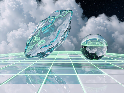 Floating transparent liquid blob and glass sphere over a glowing green neon grid. Futuristic surreal 3D landscape with clouds and starry sky
