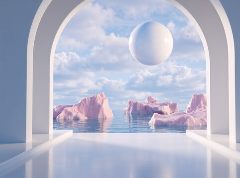 Surreal landscape with pink icebergs and floating white sphere viewed through a white archway. Abstract minimalist dreamscape background