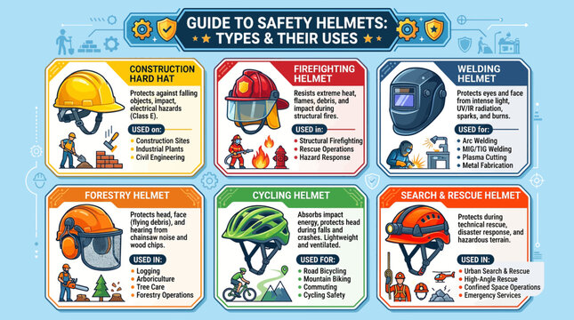 An infographic detailing six types of safety helmets: construction, firefighting, welding, forestry, cycling, and search & rescue, outlining their uses and protective features.