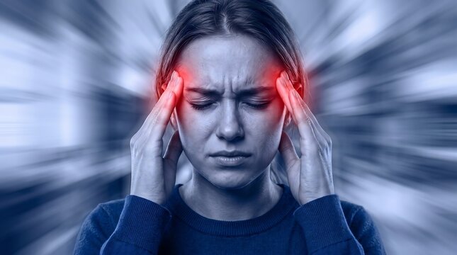 Stressed Young Woman Suffering From Intense Migraine Headache Holding Temples with Red Pain Points Visualized