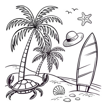 Vintage beach sketch set with coastal icons and summer sea vacation elements, isolated on white bg. Hand drawn mediterranean doodles of palms, crab, surfboard and hat, turtle, fishstar and seashells