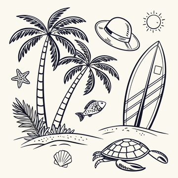 Vintage beach sketch set with coastal icons and summer sea vacation elements, isolated on white bg. Hand drawn mediterranean doodles of palms, crab, surfboard and hat, turtle, fishstar and seashells