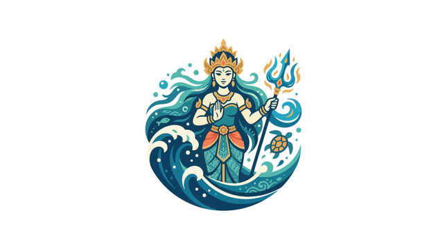 Balinese Hindu goddess Dewi Danu sea waves illustration.
