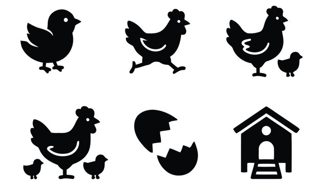 Chicken silhouettes and broken eggshell on a white background a farm animal vector collection avian