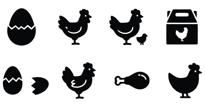 Chicken egg and poultry product icons in black silhouette style on a white background avian
