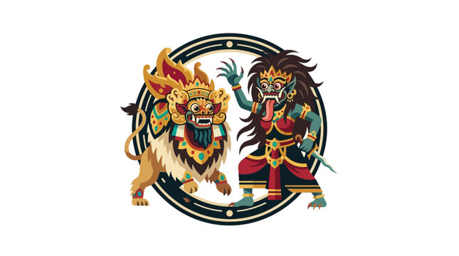 Barong and Rangda spirits inside circular ring frame illustration