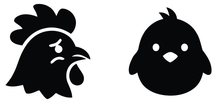 Rooster and chick silhouettes black shapes on a white background avian farm animal graphics bird
