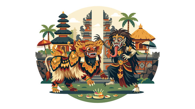 Barong and Rangda fighting before Balinese temple gates.