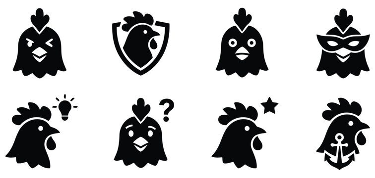 Eight black rooster silhouettes with varying accessories on a white background avian bird chicken cock