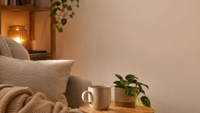Cozy cocooning lifestyle scene with soft blanket, pillow, mug, and houseplant on wooden table in warm living room ambiance