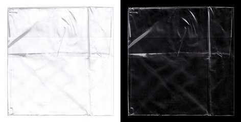 Crumpled transparent plastic wrap for overlay with with sharp creases, intense glossy reflections. Polyethylene packaging for album cover, cd, vinyl. Crumpled cellophane textures for overlay. PNG