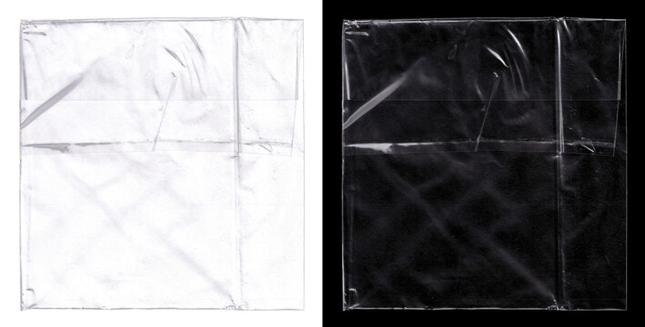 Crumpled transparent plastic wrap for overlay with with sharp creases, intense glossy reflections. Polyethylene packaging for album cover, cd, vinyl. Crumpled cellophane textures for overlay. PNG