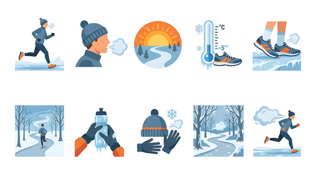 Vector illustration set of a man running in the snow in winter with hat and gloves and sneakers and a thermometer showing minus five degrees celsius