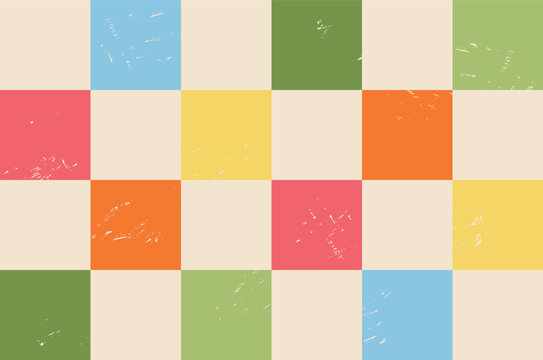 Geometric checkerboard pattern background with a distressed vintage texture in pastel colors. This retro seamless grid layout features alternating colorful squares in shades of coral pink, sunny yello