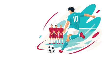 Illustration of a soccer player taking a free kick against a defensive wall.