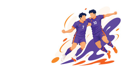 Obraz premium Two soccer teammates celebrating a goal with abstract colorful swirls.
