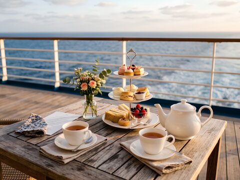 Luxury Afternoon Tea on Ocean Cruise Deck at Sunset