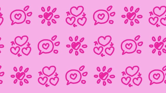 Seamless pattern of hand-drawn heart loops, romantic speech bubbles, and shining love icons on a pink background animation for social media wallpaper and romantic feedback line art backdrop design.