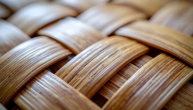 Close-up texture of traditional woven rattan basket with natural fiber pattern and warm light