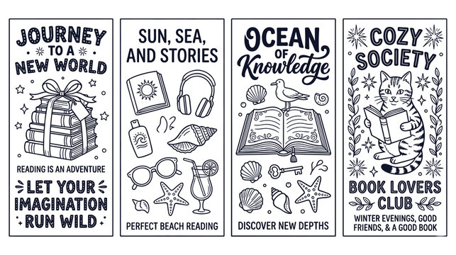 Set of four bookmark illustrations for book lovers with quotes and line art graphic designs.