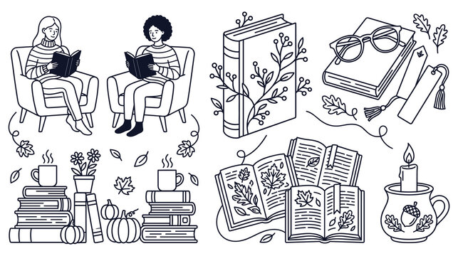 People reading books and autumn themed items like pumpkins and candles set.