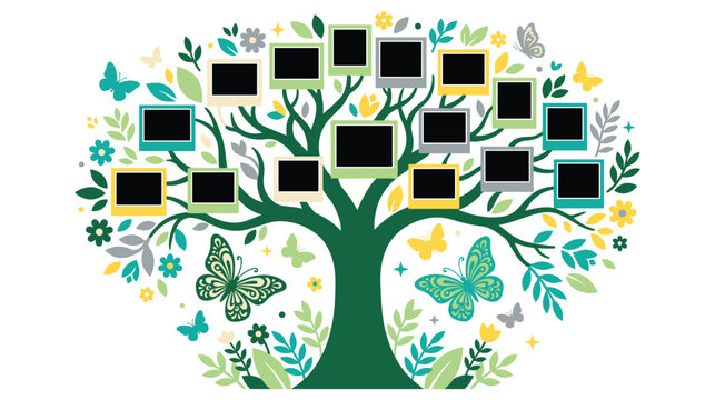 Family tree illustration with photo frames surrounded by butterflies and colorful leaves.