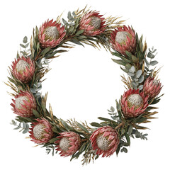 Fototapeta premium Protea wreath floral, elegant decorative botanical arrangement displayed on a transparent background featuring circular composition with natural copy space for design
