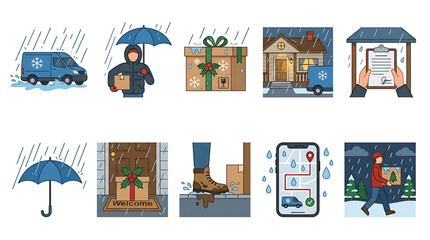 Fototapeta premium Set of delivery service icons in rainy weather, including courier, package, van, and tracking