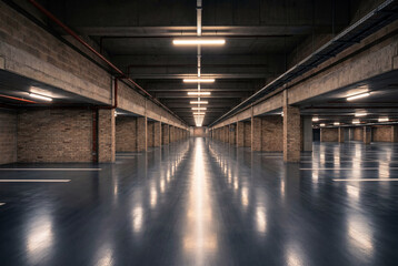 Naklejka premium Empty underground parking garage with bright lights and concrete pillars