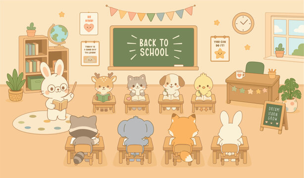 Back to School Kawaii Animal Classroom Illustration with Bunny Teacher and Cute Forest Students