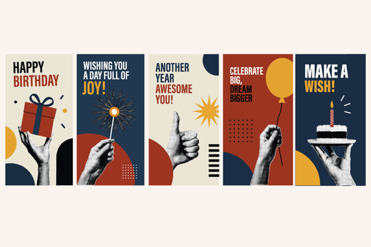 Halftone Pop Art Collage Set of Five Birthday Poster with Hands Holding Gift, Sparkler, Thumbs Up, Balloon and Cake. Happy Birthday, Make a Wish and Celebrate Big Greeting Card Collection. Retro Vinta