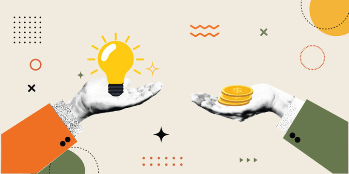 Halftone Pop Art Collage with Two Hands Holding Light Bulb and Gold Coins. Idea to Investment and Financial Return Concept. Innovation, Creativity, and Money Exchange. Retro Vintage Style Banner
