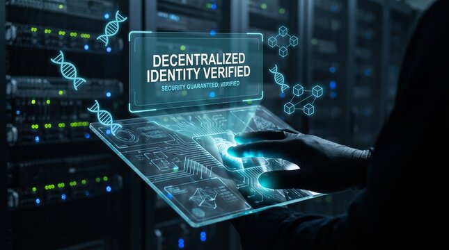 Decentralized Identity Verification Concept on Holographic Screen with Server Room Background 3D Render