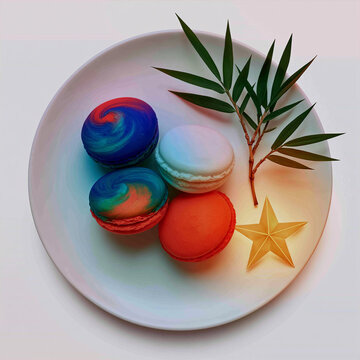 Colorful Macarons on Plate with Bamboo Leaf and Paper Star