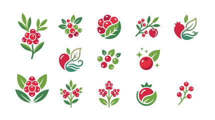 Collection of stylized berry icons with leaves and branches, perfect for branding and design elements. © tr
