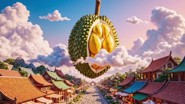 Seamless loop of surreal giant durian floating above miniature village, dreamlike animation