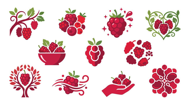 Collection of stylized raspberry icons and logos, showcasing the fruit in various artistic arrangements and designs.