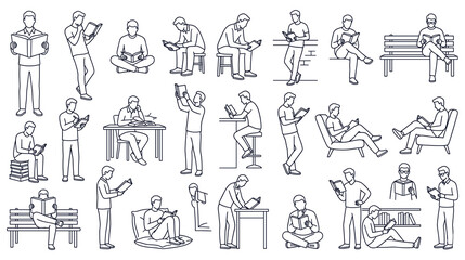 Fototapeta premium People reading books in various poses line art collection of men sitting standing relaxed.
