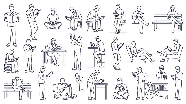 People reading books in various poses line art collection of men sitting standing relaxed.