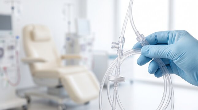 Gloved clinician holding hemodialysis bloodline tubing and connectors, close-up dialysis treatment preparation in a bright renal care clinic with copy space.