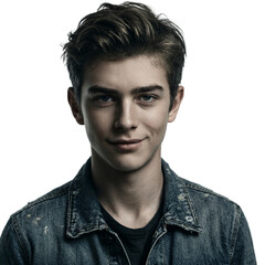 Obraz premium Teenager boy portrait isolated rebellious 13 year old Caucasian youth wearing a distressed denim jacket on a transparent background