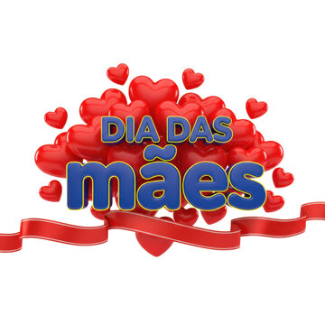 Glossy blue 'DIA DAS m&atilde;es' text with a yellow outline, surrounded by reflective red 3D hearts and a red satin ribbon on a transparent background, warm festive atmosphere