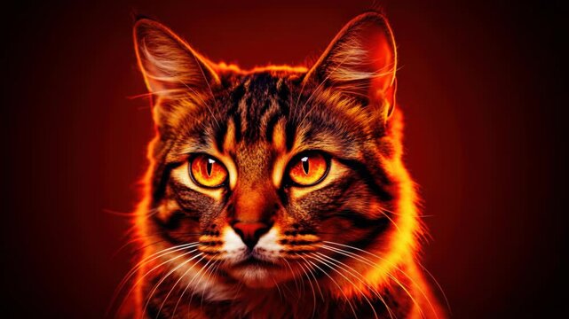 Fiery Feline Gaze: A captivating portrait of a tabby cat with intense, glowing amber eyes and a striped coat, illuminated by a dramatic, warm light against a dark, smoky background.