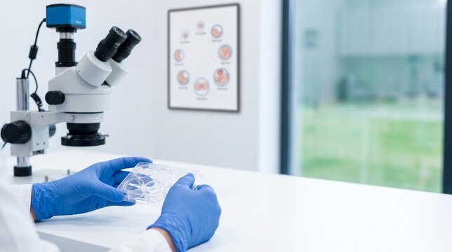 Embryology. Scientist holding a multiwell culture dish beside a stereomicroscope in an IVF laboratory with copy space